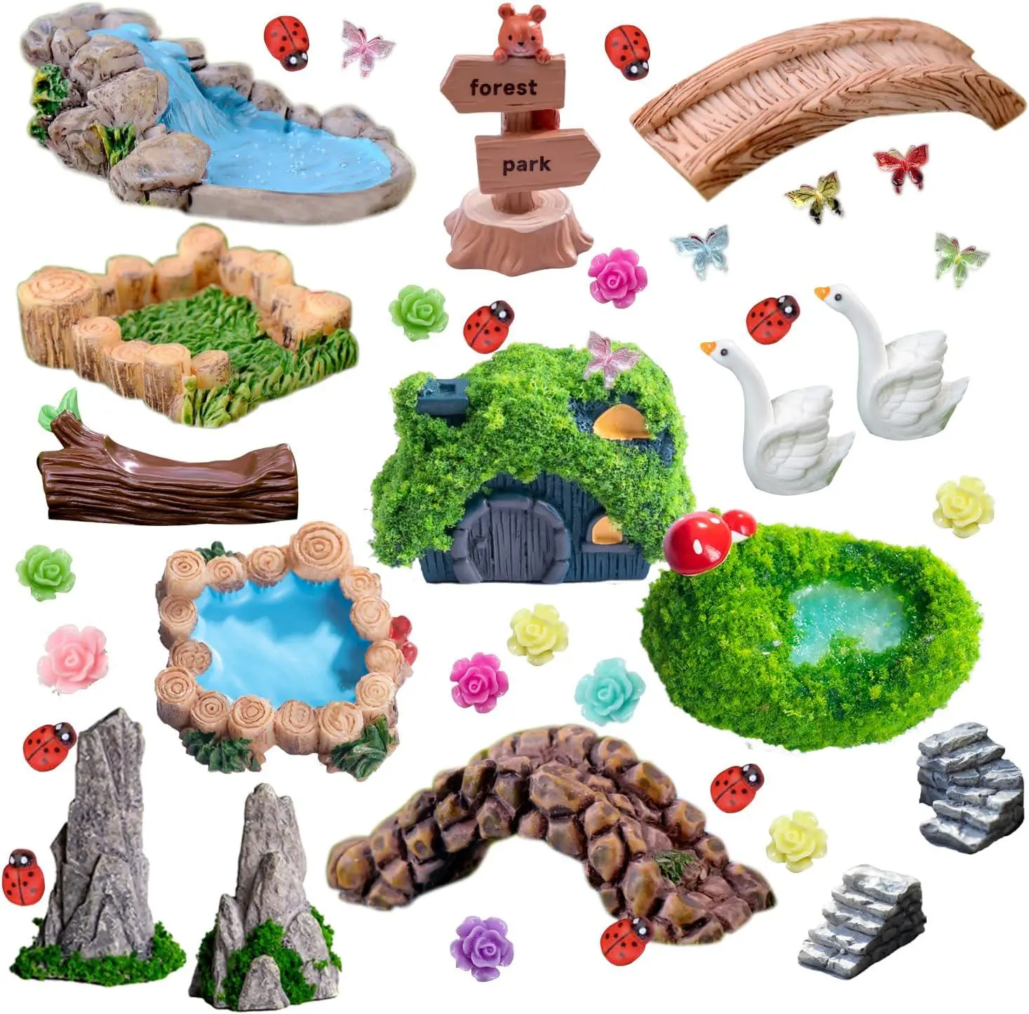 45Pcs Decorative Resin Mini Garden Accessories Bulk Set - Varied Shapes Miniature Landscape Decor with Bridge, Pond, Mountain, House Figurines, Swan, Ladybug, Butterfly, Flower for Dollhouse Crafts, Crafters (Home Improvement), Outdoor