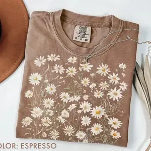 Comfort Colors Daisy Flower T-shirt, Wildflowers Cottagecore Floral Botanical Nature Aesthetic Tee, Graphic Round Neck Tee, Apparel Made In The USA		