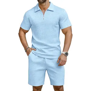 LecGee Men's 2 Peice Waffle Outfit Quarter Zip Polo Shirt and Shorts Sets Casual Summer Tracksuit