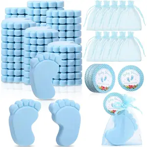 50 Sets Baby Shower Favors Baby Feet Scented Soap Party Favors for Guests Gifts with Organza Bags and Thanks Tags Wedding Party(Blue) Drawstring