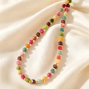 Boho Tourmaline Cube Beaded Necklace for Women, Rainbow Dopamine Color Clavicle Chain, Elegant Summer Jewelry for Daily Fashion Looks, Boho Necklaces, Bead Necklaces
