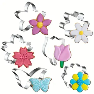 6pcs Flower Cookie Cutter Set, Flower Shaped Cookie Cutter-Daisy, Tulip, 3 Shaped of , Butterfly, Stainless Steel Cookie Cutters, Baking Tool for Homemaking Cookie