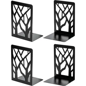 Book Ends Tree Design Modern Bookends for Shelves, Non-Skid Book Holder, Heavy Duty Metal Book Storage for Books/CDs, Decorative Book Stopper for Home, 7 x 4.7 x 3.5”, Black,2 Pair/4 Pieces