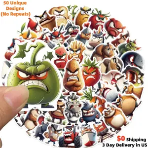 50 Pack Angry Anthropomorphic Cartoon Stickers Featuring Grumpy Food Animal And Object Characters Waterproof Pvc Matte Reusable Perfect For Laptop Water Bottle Teen Room Decor Ideal For Meme Lovers And Funny Aesthetic Enthusiasts Sticker Pack