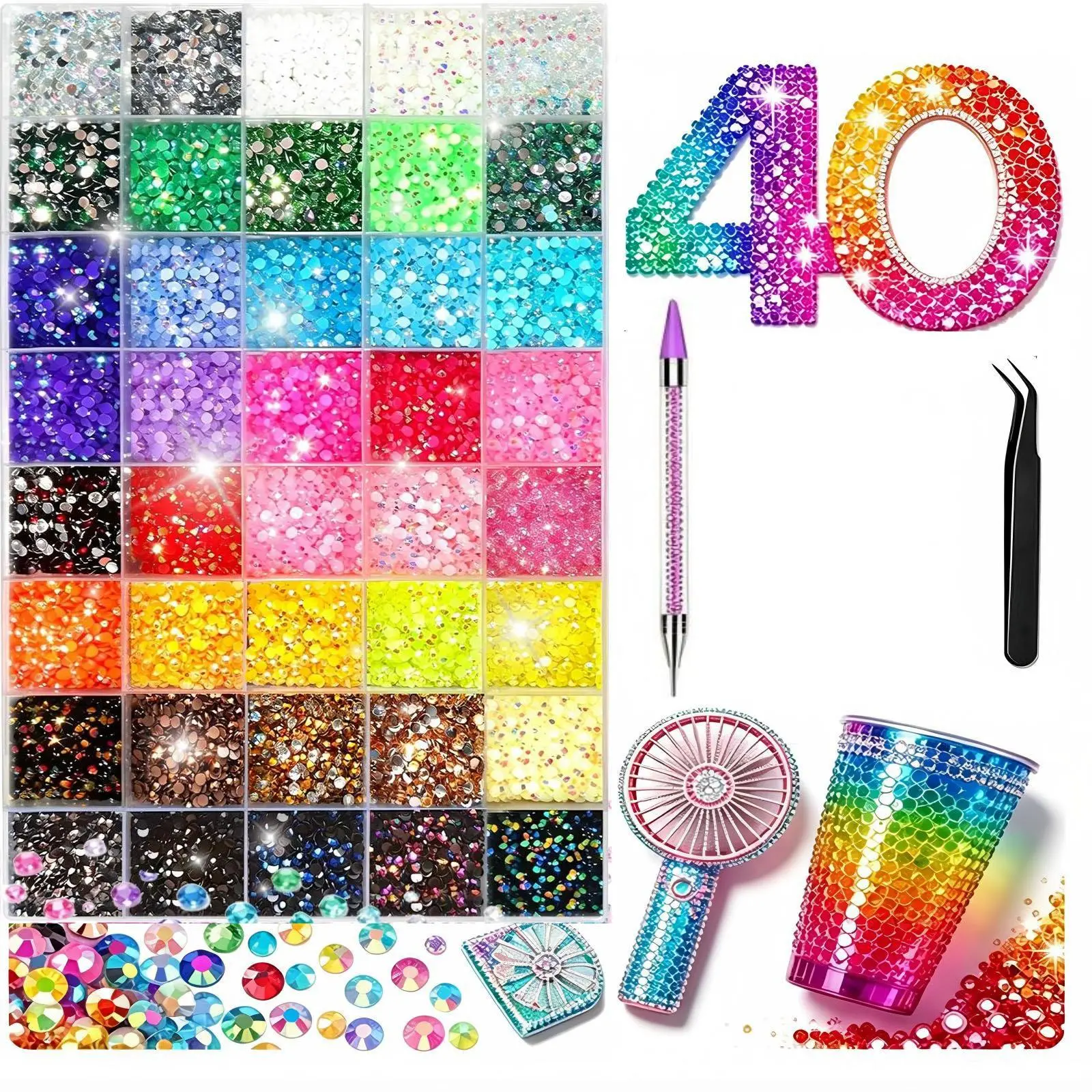 Cosmetic-Grade Glitter Nail Art Rhinestones Bedazzling Kit, 40000Pcs 3mm Multicolor Flatback DIY Rhinestones for Diamond Art, DIY Crafts, Diy Rhinestone