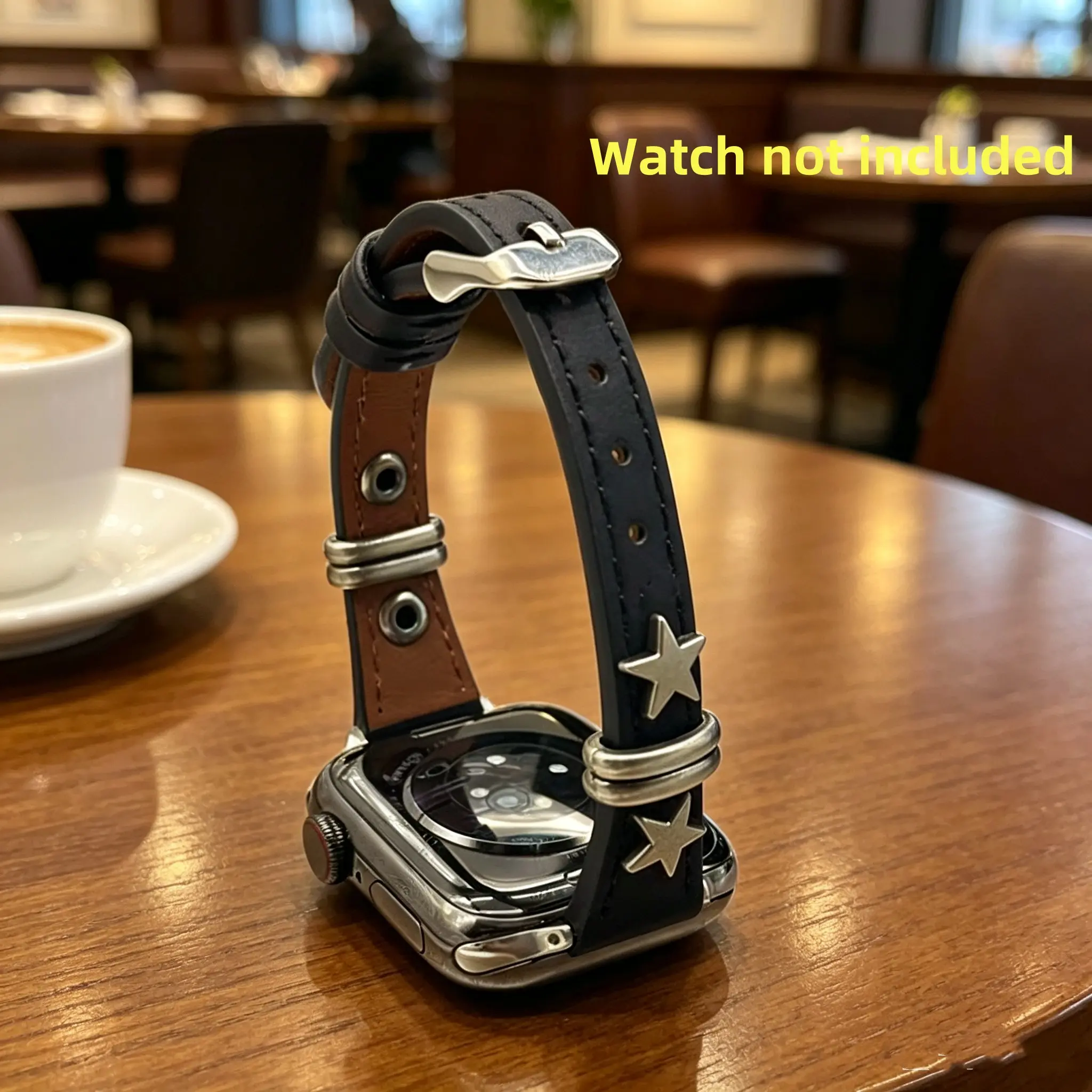 BLACK Leather loop Correa For Apple Watch band women star 11/10/9/8/7/6/5/4/3/2/1 SE 38mm 40mm 41mm 42mm 44mm 45mm 46mm 49mm Smart Watch Accessories Strap Smartwatch Compatible Bands Smartwatch Replacement Straps