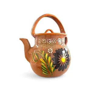 Clay Water Kettle Authentic Floral Design 4L Capacity Handmade by Mexican Artisans Lead-Free Safe for Use/Tetera De Barro