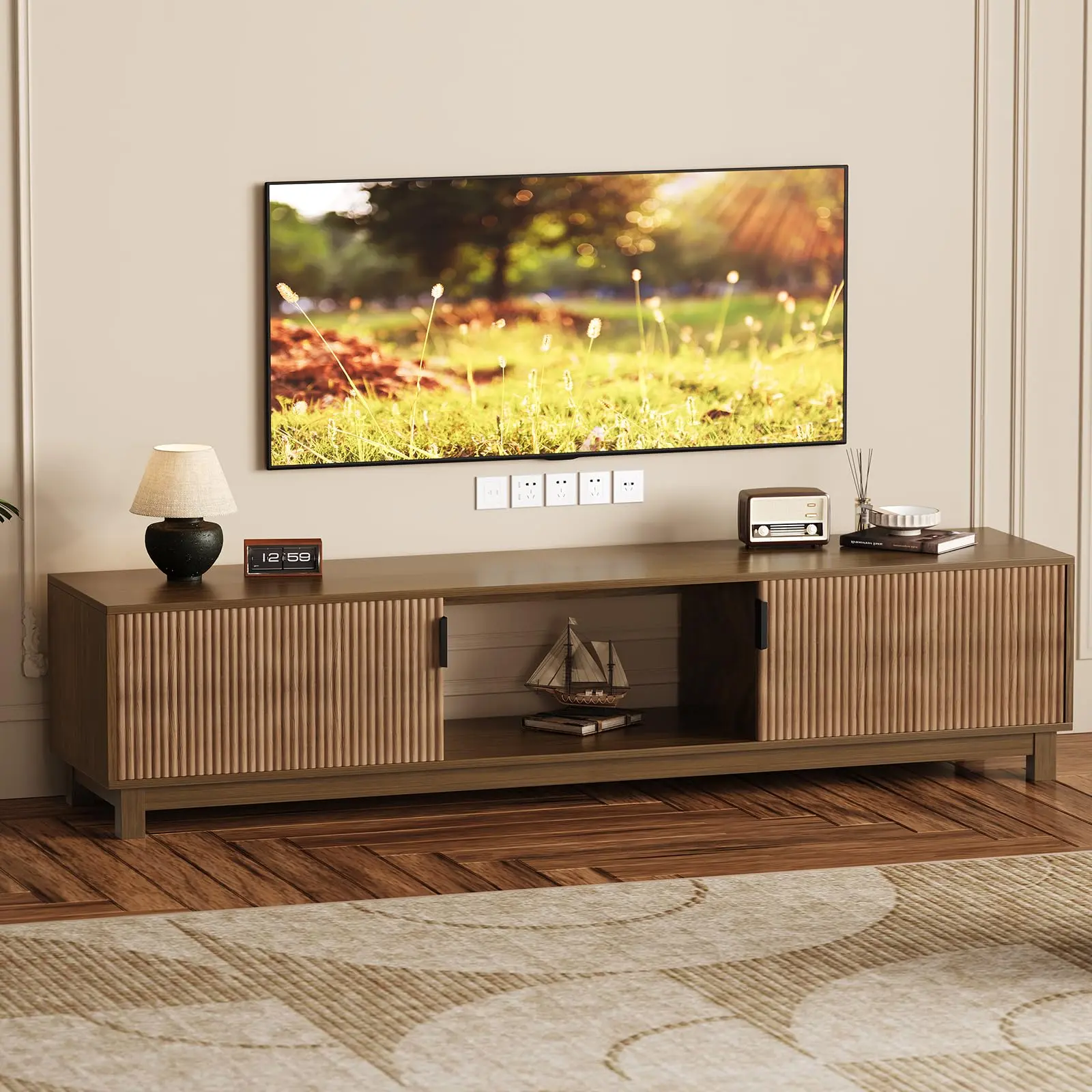 Garvee Mid Century Modern Wooden TV Stand and Entertainment Center, 70" Long, Fluted Console Table with Open Storage Shelf, Fits TVs Up to 75 Inches, Ideal for Living Room or Bedroom in Walnut Finish