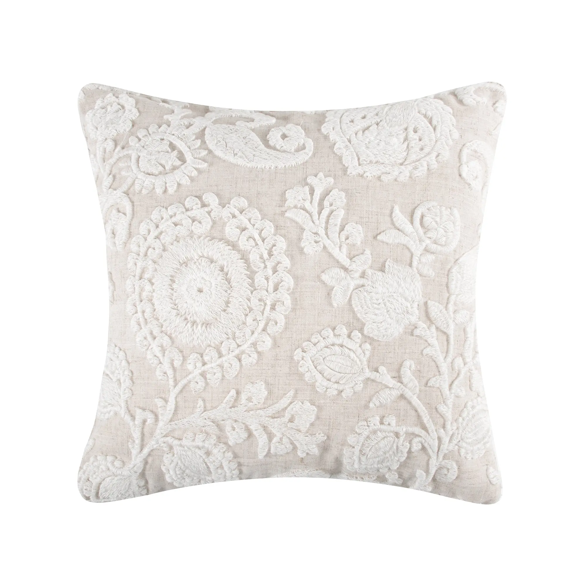 Belvedere Oversized Floral Embroidered Pillow, 18x18 in, Botanical Motif Embroidery, Feather Fill, Flax Base, Cottage Chic Room Decor, Home Accent Pillow