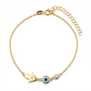 Gold Hamsa Hand Evil Eye Bracelet – Solid 925 Sterling Silver, Thick Real 18K Gold Plating – evil eye charm, protection bracelet, bridesmaid gift, hypoallergenic fine jewelry – Gift for Her, Mom & Best Friend, Mother's Day, Anniversary & Birthday