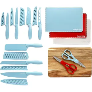 20-Piece Blue Kitchen Knife Set Stainless Steel Blades with Guards Shears Acacia Cutting Board Flexible Chopping Mats