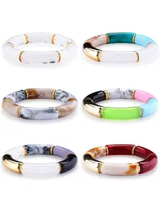 Colorful 6 Pcs Versatile Bamboo Tube Bangles Bracelets High-quality Elastic Rope Bracelets for Women Men Chunky Curved Tube Beads Bracelet Stacking Clear Acrylic Colorful Elastic Friendship Bracelets