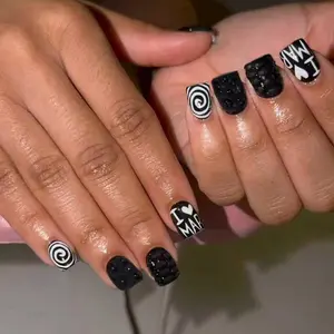 24pcs Short Square Acrylic Nails Set, Cartoon Print Design, French Style Nail Tips for Women and Girls, Daily Use and Parties, Perfect Fit