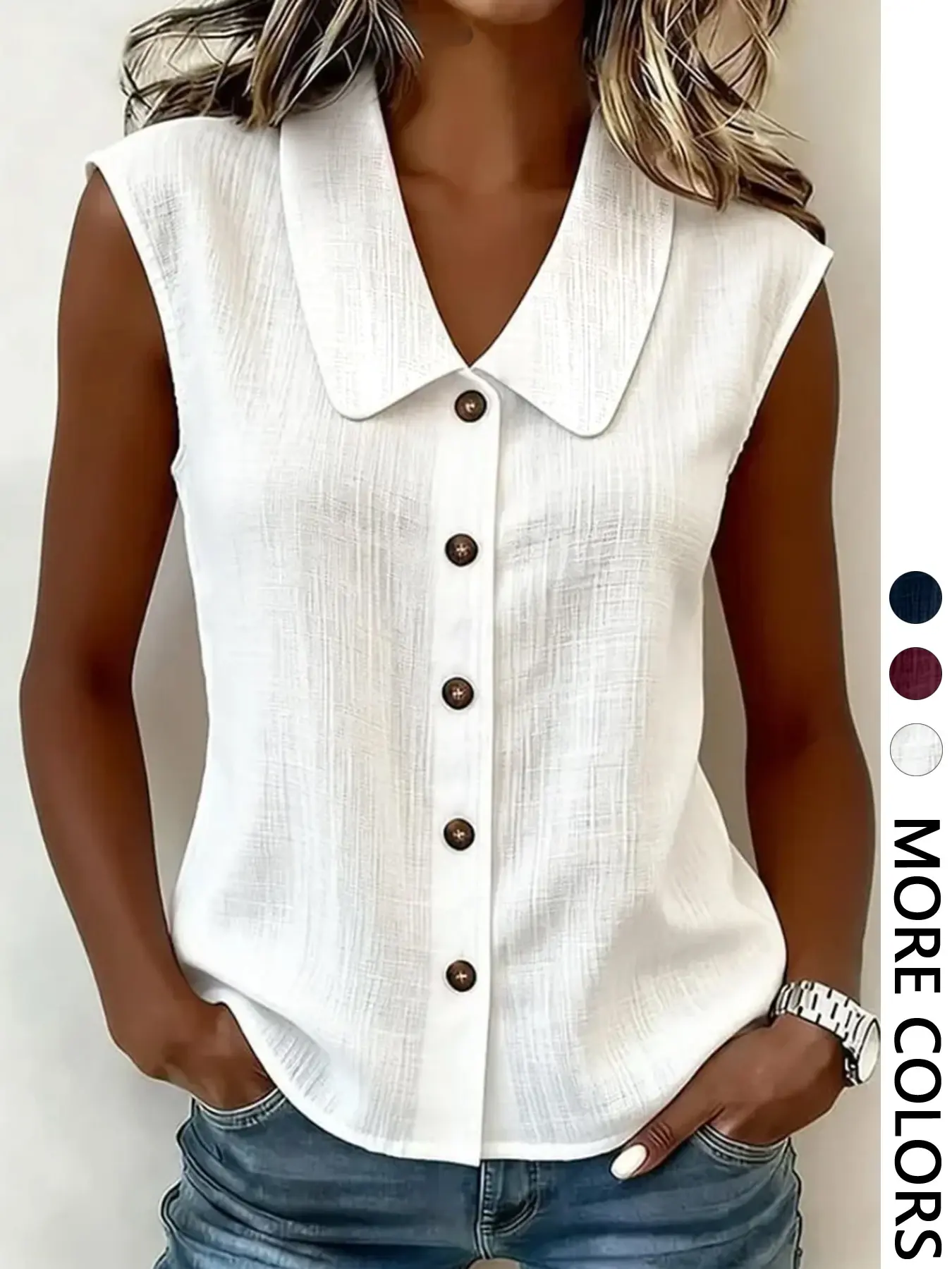Spring Summer Sleeveless Blouse Shirt Top, Women's Single Breasted V-Neck Fitted Top, Basic Top, French Minimalist Style, Casual Office Wear, Blouses Shirts Tops