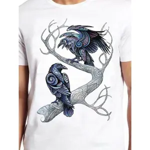 Nordic Mythology Viking God Odin's Eagle Pattern Printed T-Shirt, Pure Cotton, Casual Round Neck, Geometric Pattern, Slightly Stretchy, 180g, Suitable for Men and Women, Summer Knitted Fabric Top, Suitable for Casual, Hiking, Training, Party and Gifts Men