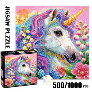 1pc 1000 piece adult puzzle 58x58cm Sparkling Unicorn with Colorful Mane and Flowers 500 pieces paper jigsaw puzzle suitable for DIY creative games for adults and families, birthday and holiday stres