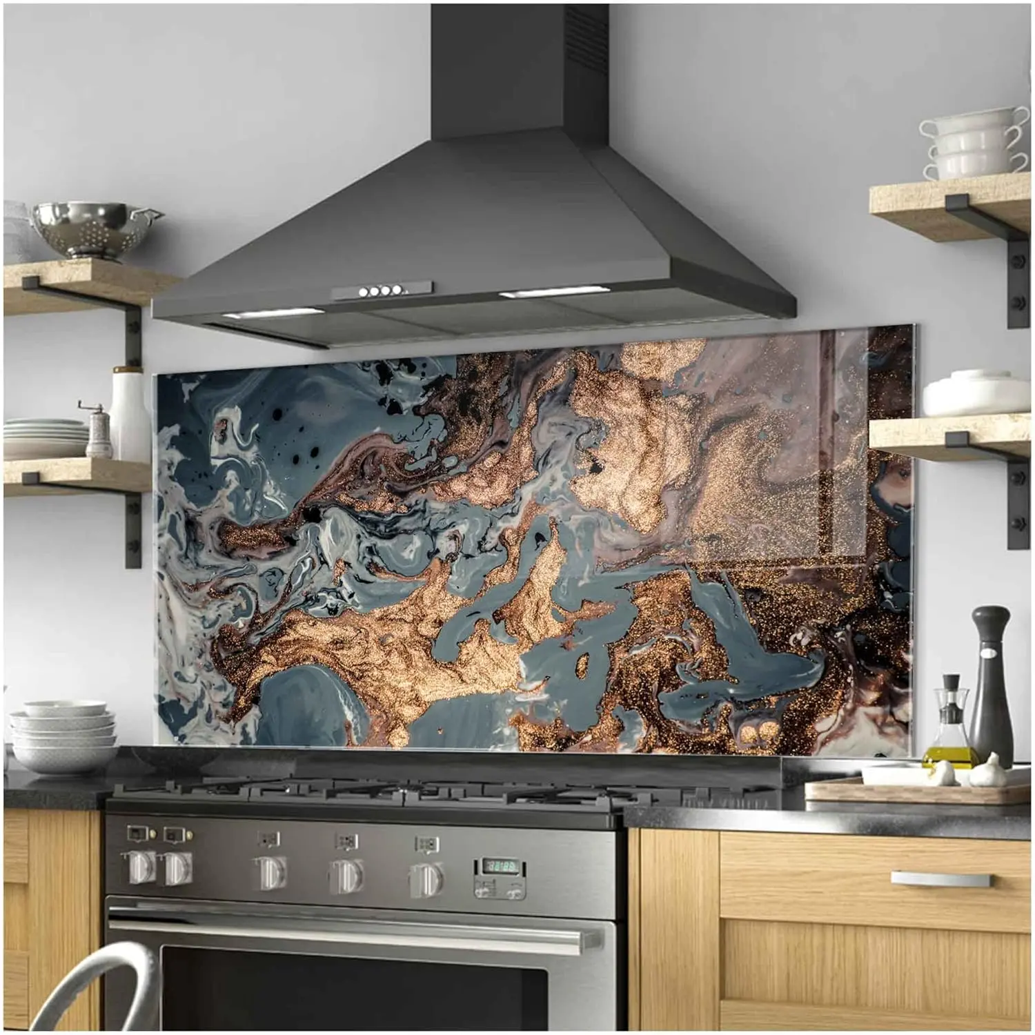 GCKG Luxury art in Eastern style Golden swirl artistic design golden glitters lines Tempered Glass Kitchen Backsplash, Stove Back Cover, Stove Splashback, Cutting Board, Kitchen Wall Decor