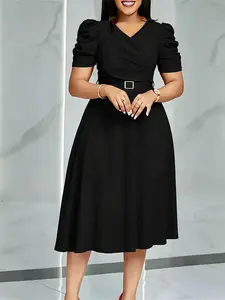 Women's Solid Color Belted V Neck Dress, ElegantCasual Zipper Short Sleeve Dress for Work OfficeBusiness,Ladies Clothes for All Seasons  Everyday
