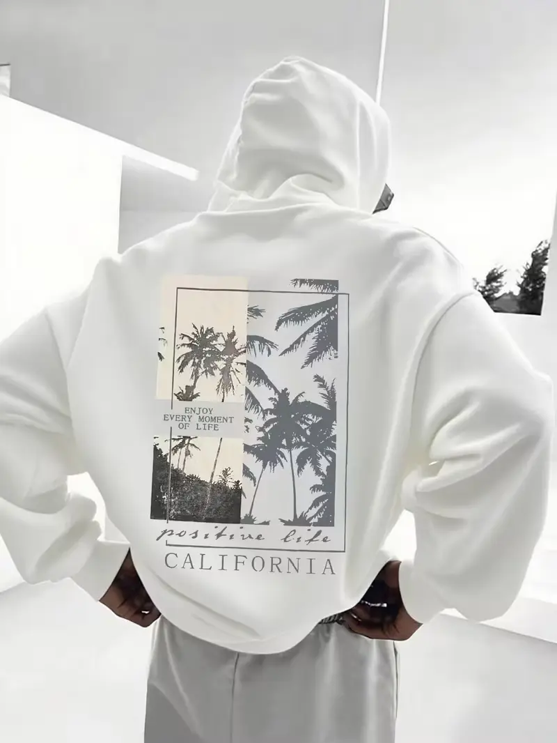 California Positive Life Collage Palm Tree Back Print Cotton Outer Fleece Lined Hoodie, Coastal Vibe Casual Pullover Hooded Sweatshirt, Daily Holiday Gift