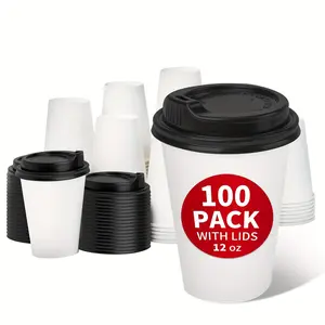 100-Pack 12oz Leak-Proof Disposable Coffee Cups with Lids - Thermal Paper Cups for Hot Chocolate, Coffee, Tea, Travel & Bar Use - Hand Wash Only, Coffee Travel Cups, Bar Accessories, Transparent Design, Thermal Insulation