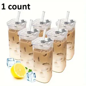 Unique Rectangular Glass Water Cup, Durable Heat-Resistant Coffee Mug with Lid and Straw, Transparent Tea Juice Cup for Hot or Cold Drinks