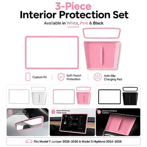 3PCS Tesla Silicone Interior Protection Kit for Model Y Juniper 2025-2026 & Model 3 Highland 2024-2025, Screen Frame Protector, Rearview Mirror Cover and Wireless Charging Pad Mat, Pink White Black