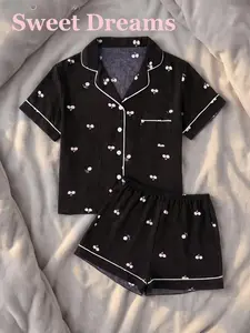 Ladies' two-piece set, featuring a cherry-print front-buttoned turtleneck shirt and elastic waist shorts, is a casual and comfortable pajama set consisting of a short-sleeved top and matching shorts. Ideal for spring and autumn, this pajama set is perfect