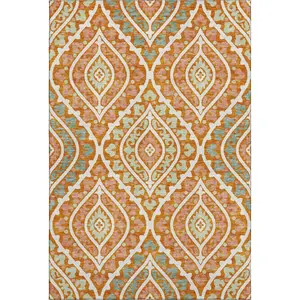 HomeRoots 663912 10x14 ft. Orange, Green & Ivory Diamond Machine-Made Area Rug - Machine-Washable, UV-Protected Rectangle Household Textile, Machine-Washable Area Rugs