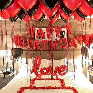 Red Birthday Letter Balloons, Including Red And Black Latex Balloons, 18-Inch Black And Red Heart-Shaped Happy Birthday Foil Balloons, Suitable for Romantic Parties, Birthday Celebrations, Valentine'S Day Decorations, And Mother's Day