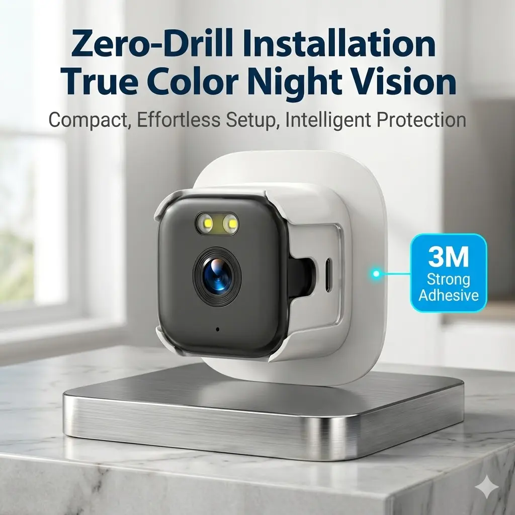 No-Drill Window Security Camera, Plug-In WiFi Indoor Camera with Night Vision, Motion Alerts, Two-Way Audio, OKAM App Control, Home Baby Pet Monitor