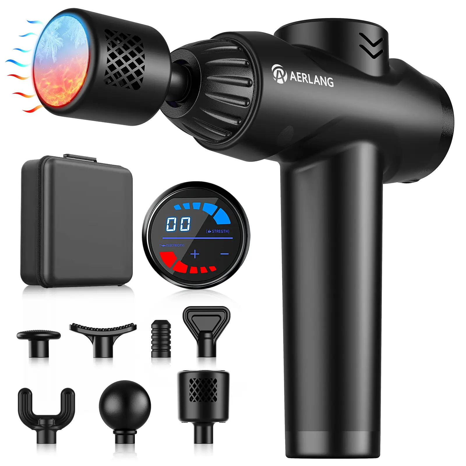 AERLANG Massage Gun with Heat and Cold Deep Tissue Percussion Massager for Pain Relief 7 Interchangeable Heads & LCD Display Travel-Friendly Gift Relaxation Aid Adjustable