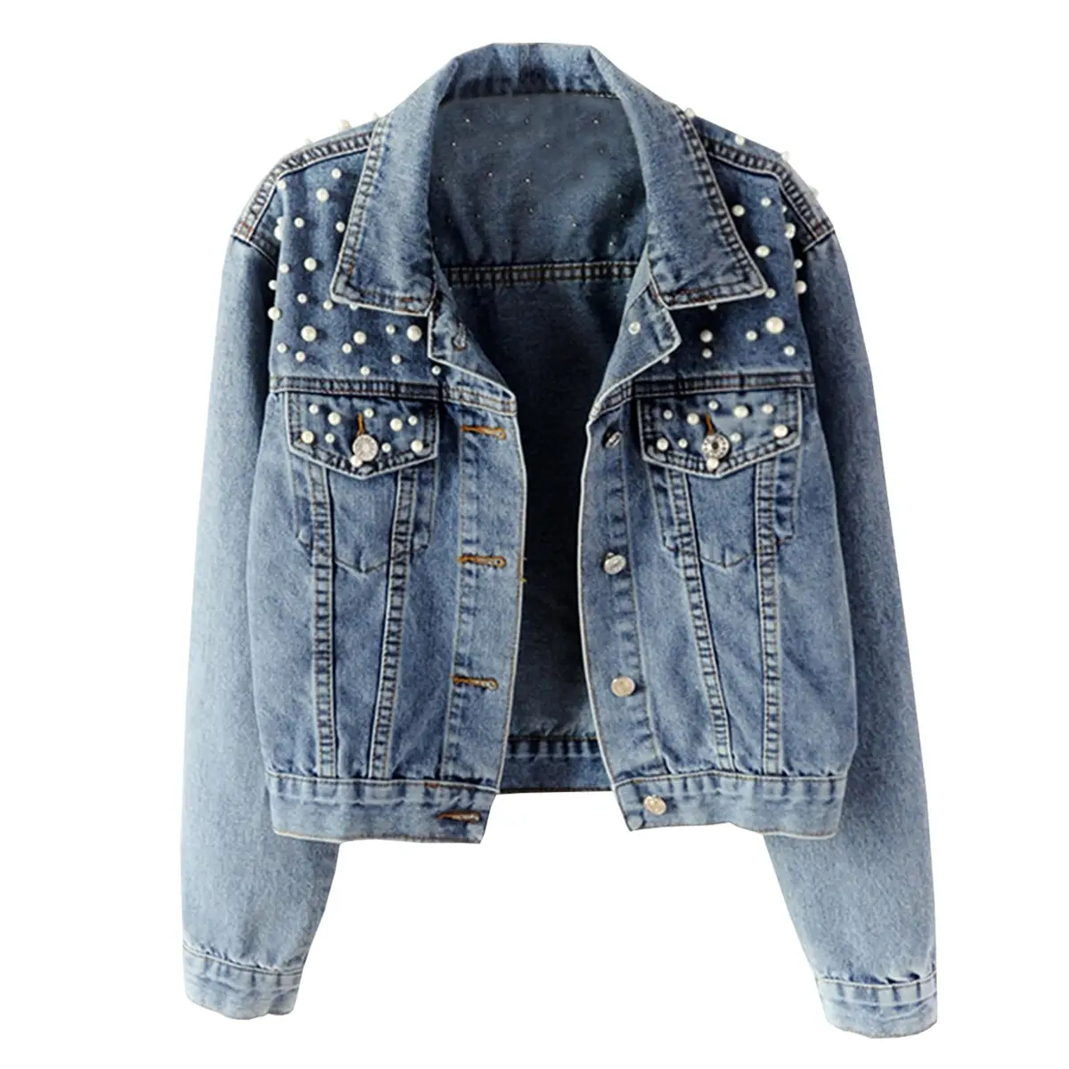 Songling Women Loose Embroidered Pearls Beading Cropped Denim Jacket Jean Coat Button Outerwear Fabric Womenswear  Cotton