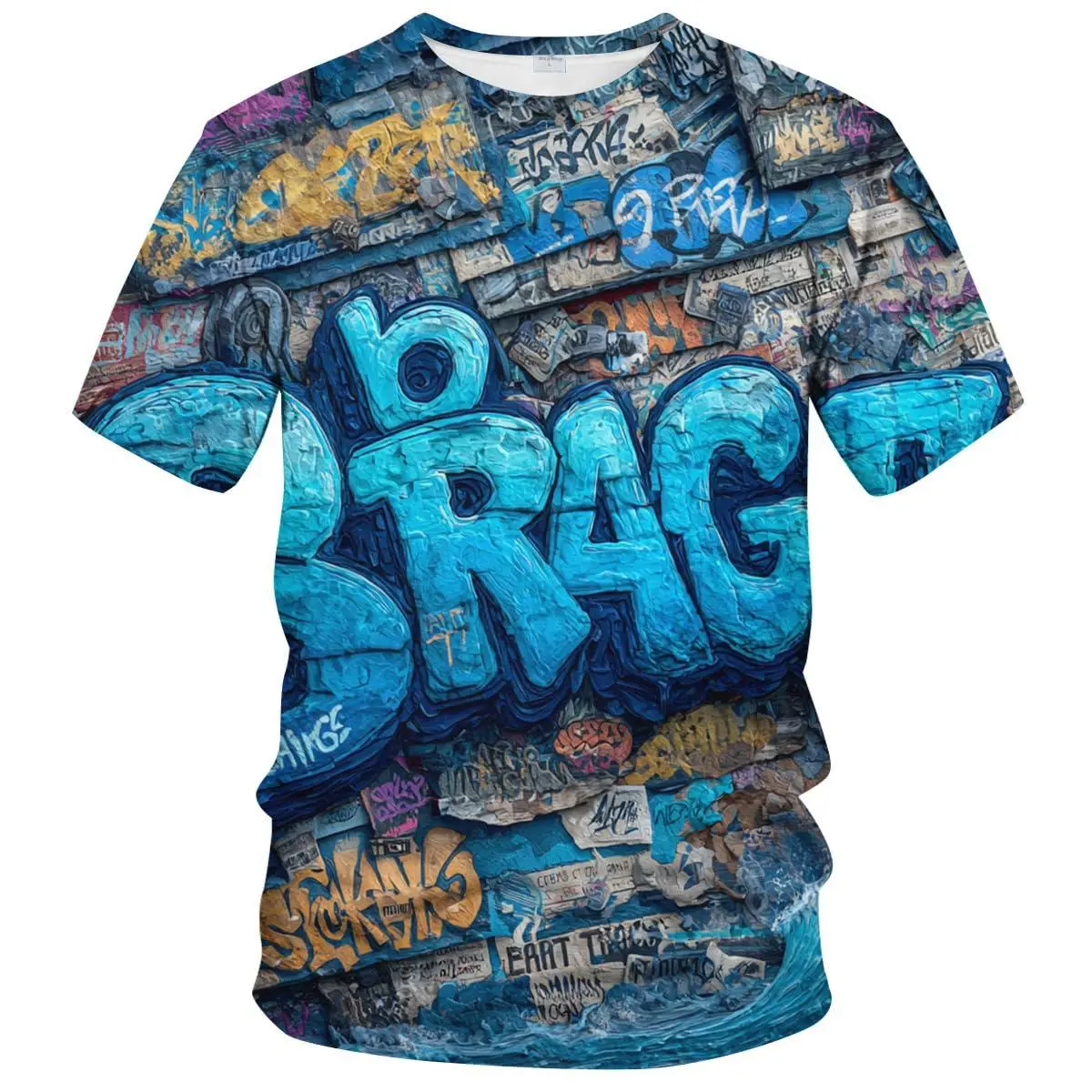 Unisex 3D Graffiti Street Art T - Shirt Vibrant Blue "DRAG" Graphic Urban Casual Top for Daily Wear, Street Festivals, Hip - Hop Enthusiasts & Art Lovers