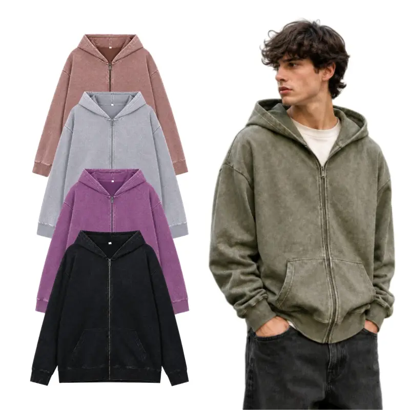 1/2 Pack Men’s Plain Full-Zip Hoodie, Vintage Acid Wash Oversized Hooded Sweatshirt with Front Pockets, Unisex Casual Layering Jacket for Daily Wear, Travel and Lounge Jeans Joggers All Genders Hoodies Distressed Hoodie