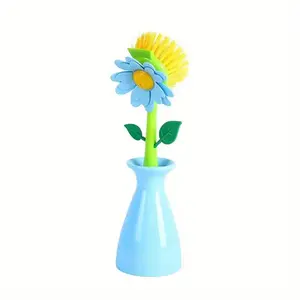 2-Piece Floral Pattern Cleaning Brush Set, Detachable Handle, Soft Durable Bristles, Dishwashing Cookware Bottles, Blue