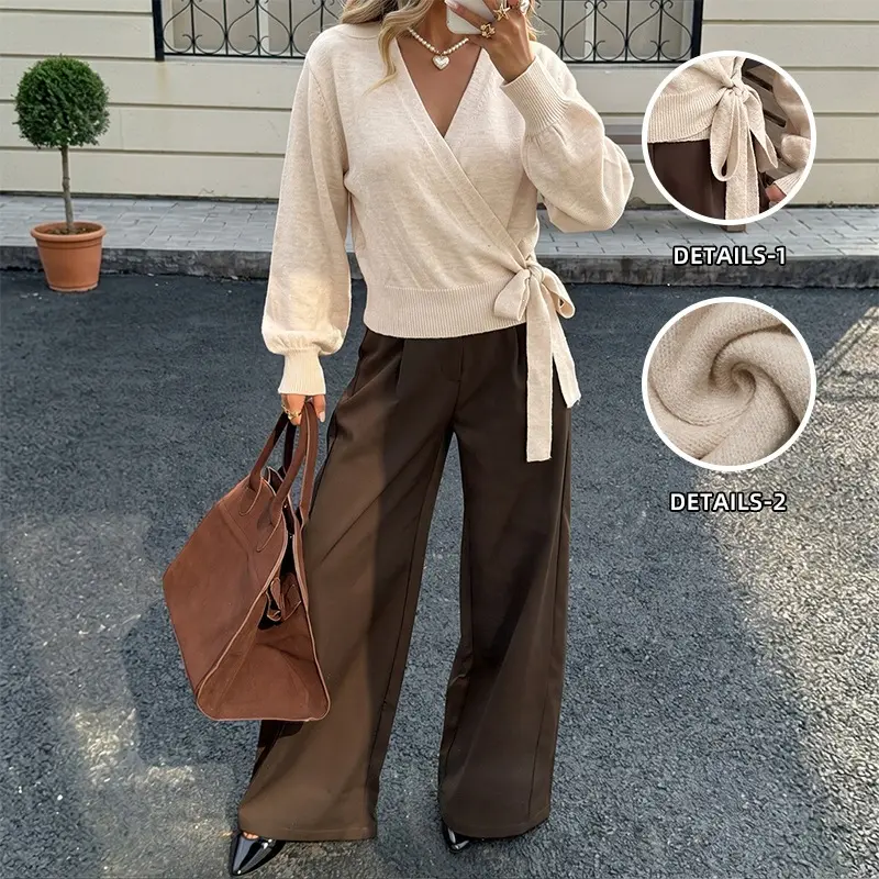 Women’s Wrap V-Neck Knit Pullover - Side Tie Waist, Long Puff Sleeves, Cropped Solid Color Soft Blouse for Dating & Daily Casual Outfits