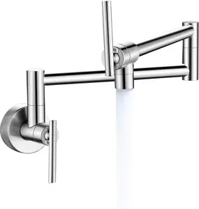 Brushed Nickel Pot Filler, Pot Filler Faucet Wall Mount, Brass Folding Stretchable with Double Joint Swing Arm Single Hole Two Handles Kitchen