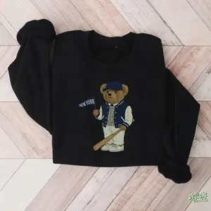 [Sale off up to 65%][Free Ship] New York Inspired Baseball Teddy Bear Sweatshirt, Navy Unisex Crewneck, City Pride Pullover