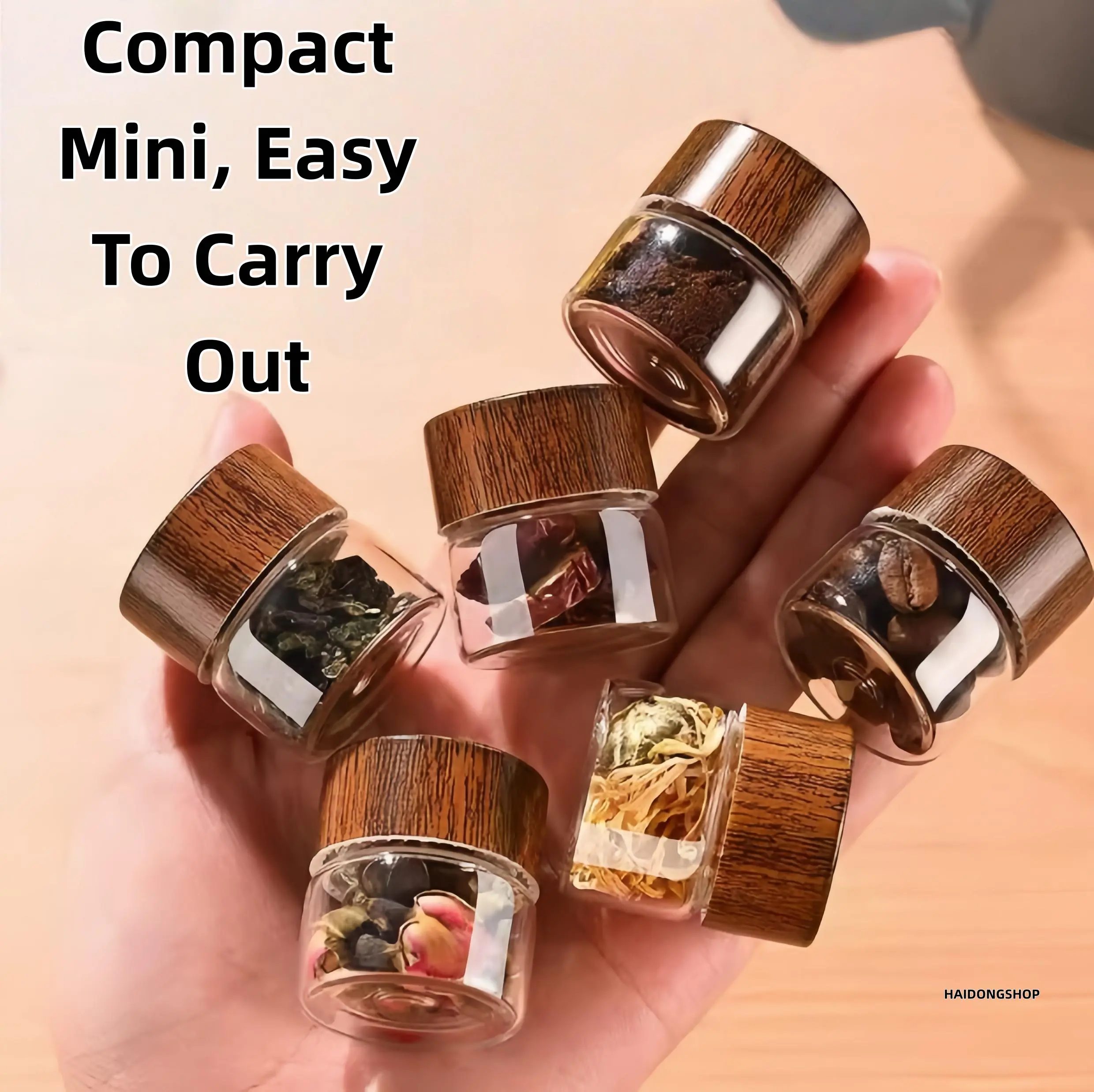 4-Pack Portable Mini Clear Glass Storage Jars with Natural Wooden Airtight Lids, Dual-Use Spice & Fine Powder Seasoning Containers, Lightweight Stackable Kitchen Organizer Canisters, Compact Travel Vials Perfect for Home Kitchen Storage, Outdoor Camping,