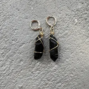 Gold Plated or Sterling Silver Plated Wire Wrapped Black Quartz Crystal Huggie Hoop Dangle Earrings, Everyday Earrings, Gold Hoops