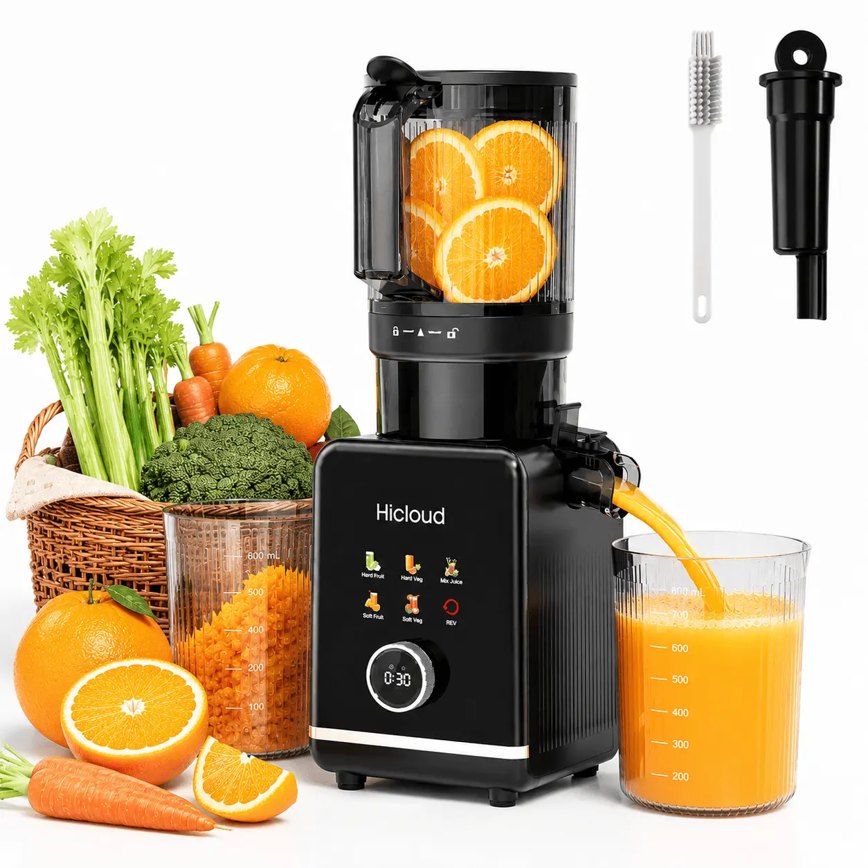 Hicloud 200W Juicer, Cold Press Juicer with 4.4 Large Feed Chute, Electronic 5-Speed Masticating Juicer Machines for Whole Vegetables & Fruits, High-yield Juice Maker, Easy Clean