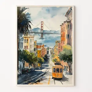 San Francisco Watercolor Painting, Golden Gate Bridge Poster, California Wall Art, Travel Print, Retro Wall Art