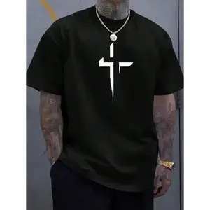 Minimalist Cross Print Tee Men's Soft Round Neck T-Shirt for Casual Streetwear, Everyday Basics & Modern Faith Style