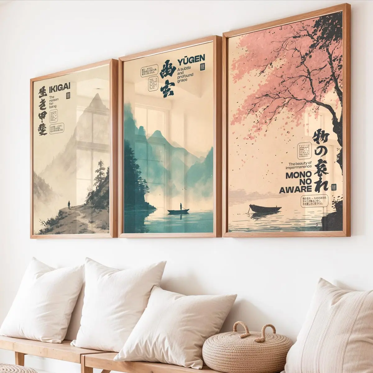 Japanese Philosophy Poster Set 3: Ikigai, Yugen, Nature Scenes And Japandi Retro Aesthetic, Unframed, 5 size, 8x12 to 27x40 inch