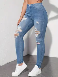 [Fast Arrival] Stylish High-Waisted Vintage Ripped Jeans - Women Jeans with Pockets, Light Blue Wash, Casual Skinny Denim Trousers, Street Fashion, Comfortable and Fashionable Clothing for Women