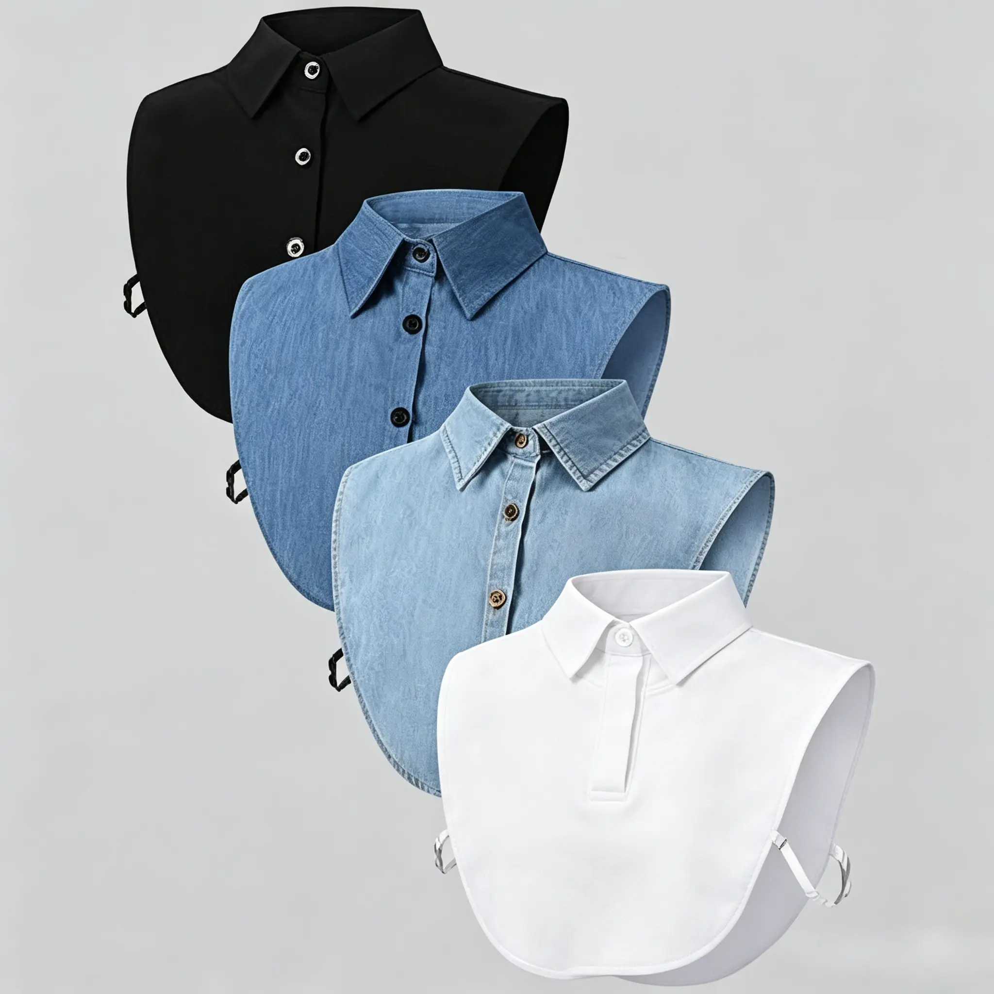 Women's 4-Pack Detachable Fabric Fake Collar, Soft Elastic Dicky Accessory for Sweater Layering, Office Work Outfit, Halloween Costume (No Bulky Layers, Round Neck Half Shirt for Women's Clothes)