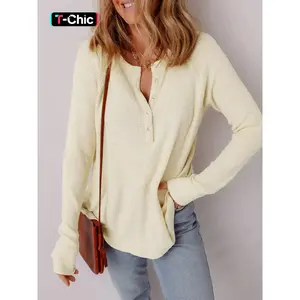 Women's Textured Knit Half Buttoned Henley Shirt, Casual Long Sleeve Knitwear Top, Slim Fit, All Seasons Wear, Comfortable & Stylish Design
