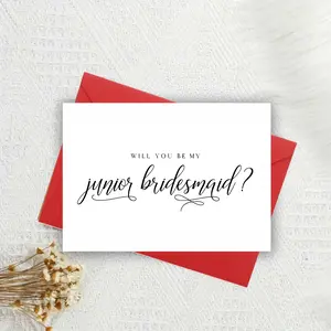1-Piece "Will You Be My Junior Bridesmaid?" Greeting Card + Red Envelope – Elegant Calligraphy Design, Romantic Wedding Proposal Card, Perfect for Asking Young Attendants, Minimalist Stylish Layout, Ready-to-Gift with Vibrant Red Envelope