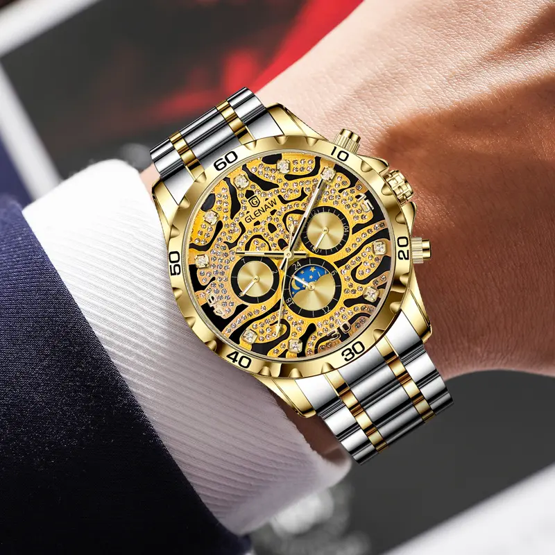 Black and gold tiger-striped dial men's multi-functional chronograph watch, automatic mechanical watch