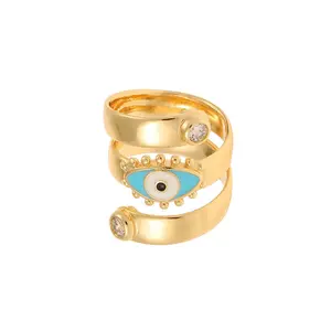 Spiral Open Eye Ring - Golden Design with Blue Eye Detail and Decorative Elements